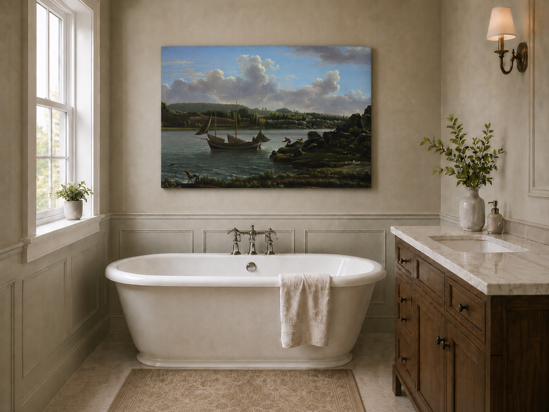 Hand-painted riverside sailboat with figures, dogs and distant hills landscape oil painting displayed above a bed in a bedroom interior.