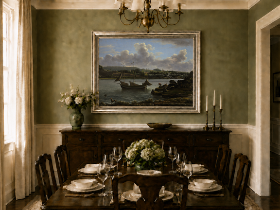Hand-painted riverside sailboat with figures, dogs and distant hills landscape oil painting displayed in a dining room interior.