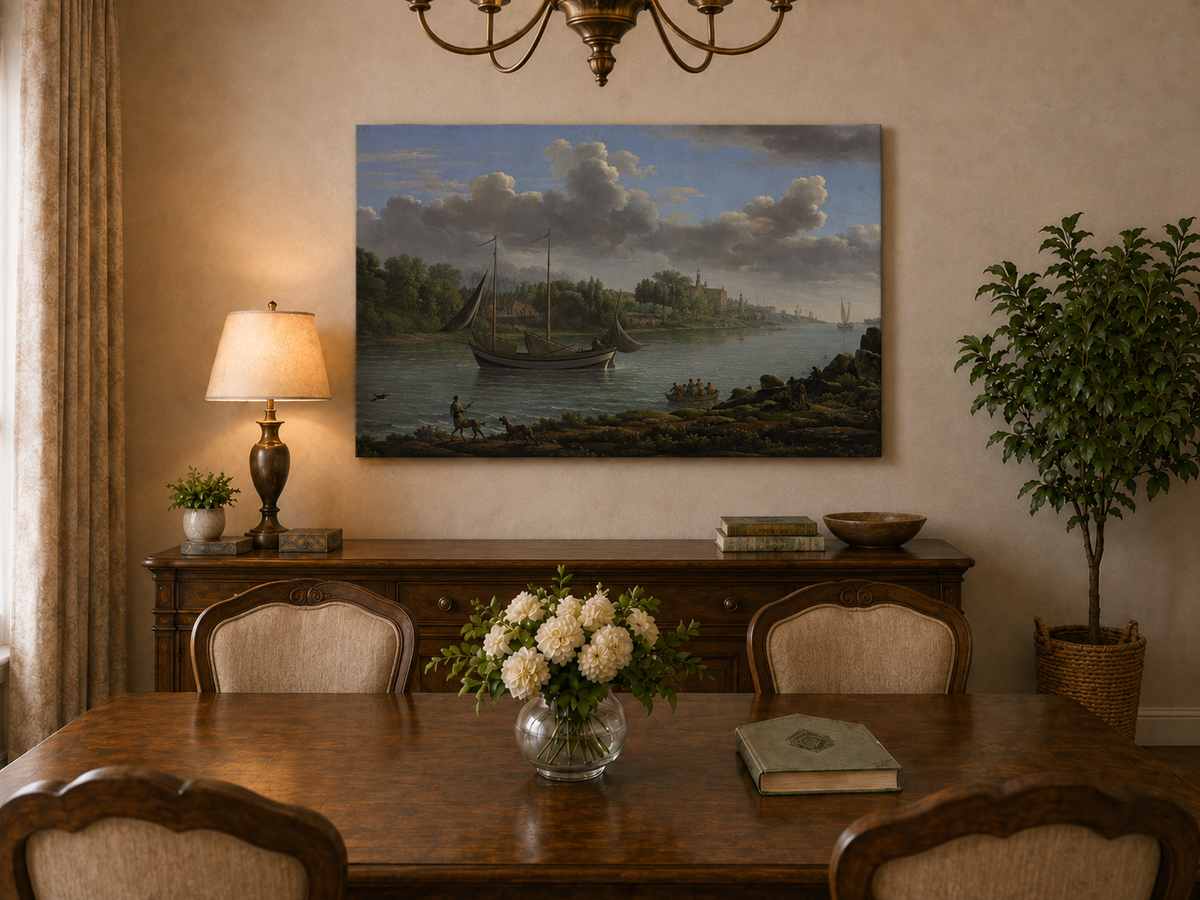 Hand-painted riverside sailboat with figures, dogs and distant hills landscape oil painting displayed in a dining room interior.