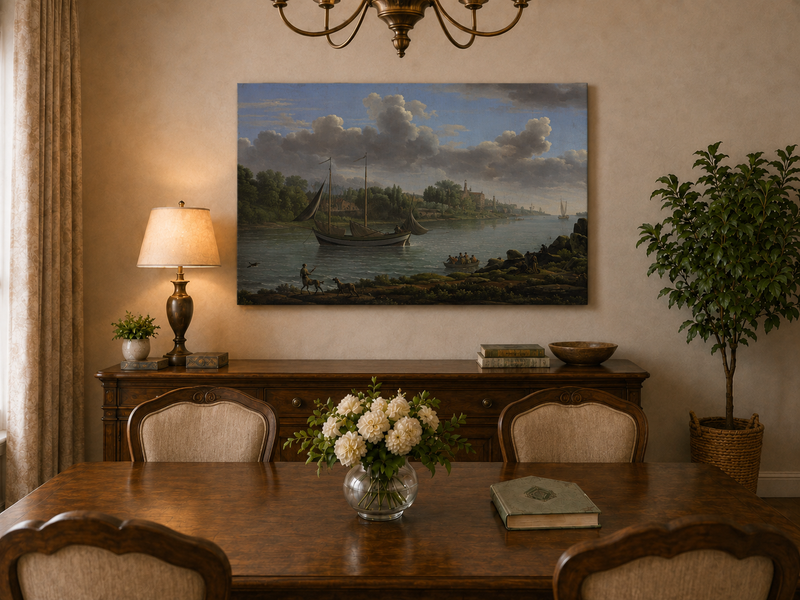 Hand-painted riverside sailboat with figures, dogs and distant hills landscape oil painting displayed in a dining room interior.