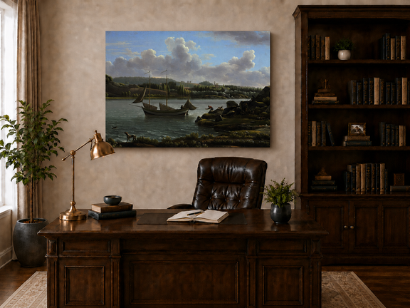 Hand-painted riverside sailboat with figures, dogs and distant hills landscape oil painting displayed above a console table in a hallway interior.