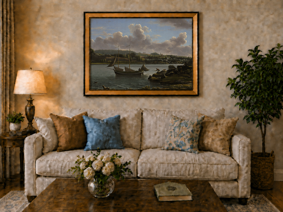 Hand-painted riverside sailboat with figures, dogs and distant hills landscape oil painting displayed above a sofa in a living room interior.