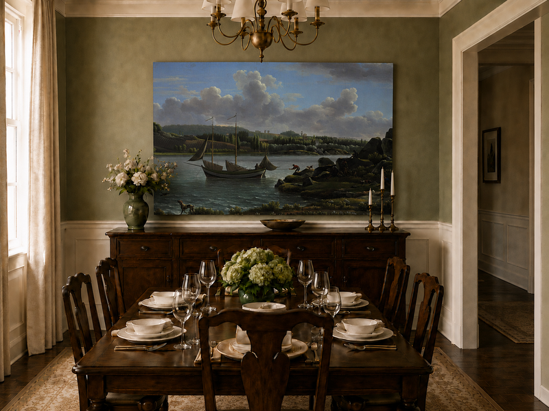 Hand-painted riverside sailboat with figures, dogs and distant hills landscape oil painting displayed above a sofa in a living room interior.