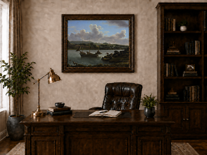 Hand-painted riverside sailboat with figures, dogs and distant hills landscape oil painting displayed above a desk in a home office interior.