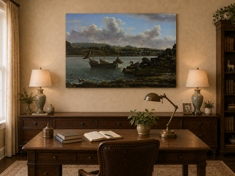 Hand-painted riverside sailboat with figures, dogs and distant hills landscape oil painting displayed above a desk in a home office interior.
