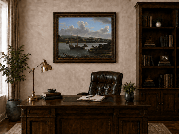 Hand-painted riverside sailboat with figures, dogs and distant hills landscape oil painting displayed above a desk in a home office interior.