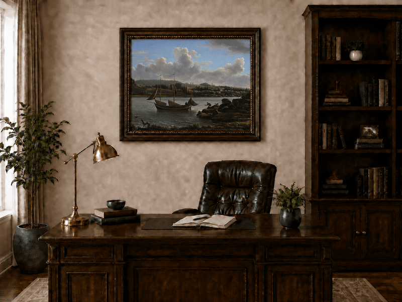 Hand-painted riverside sailboat with figures, dogs and distant hills landscape oil painting displayed above a desk in a home office interior.