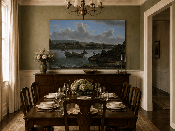 Hand-painted riverside sailboat with figures, dogs and distant hills landscape oil painting displayed above a sofa in a living room interior.