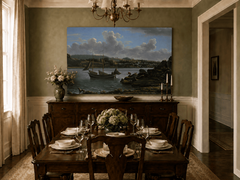 Hand-painted riverside sailboat with figures, dogs and distant hills landscape oil painting displayed above a sofa in a living room interior.