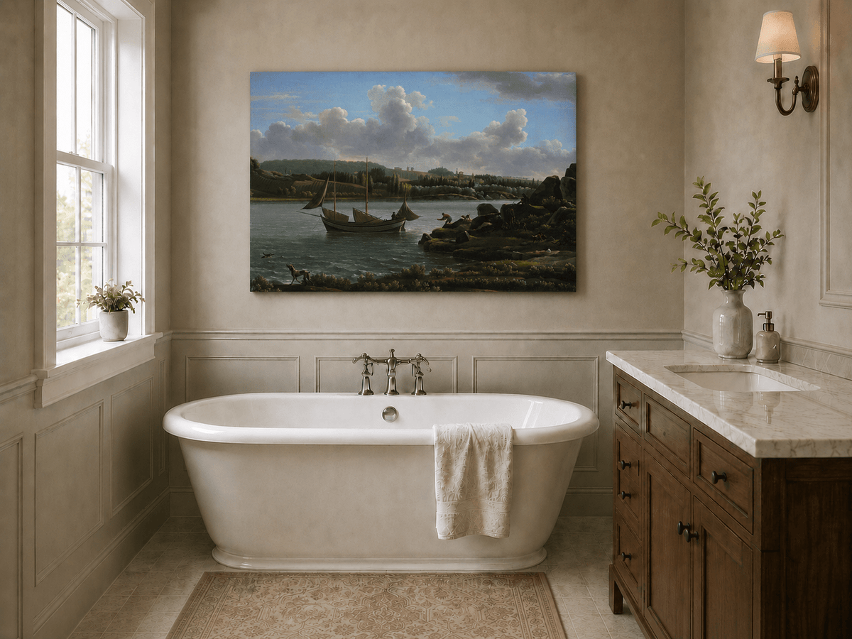 Hand-painted riverside sailboat with figures, dogs and distant hills landscape oil painting displayed above a bed in a bedroom interior.
