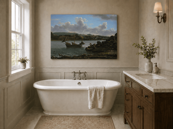 Hand-painted riverside sailboat with figures, dogs and distant hills landscape oil painting displayed above a bed in a bedroom interior.
