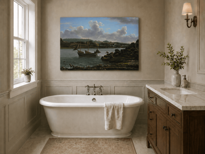 Hand-painted riverside sailboat with figures, dogs and distant hills landscape oil painting displayed above a bed in a bedroom interior.