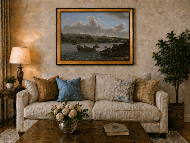 Hand-painted riverside sailboat with figures, dogs and distant hills landscape oil painting displayed above a sofa in a living room interior.