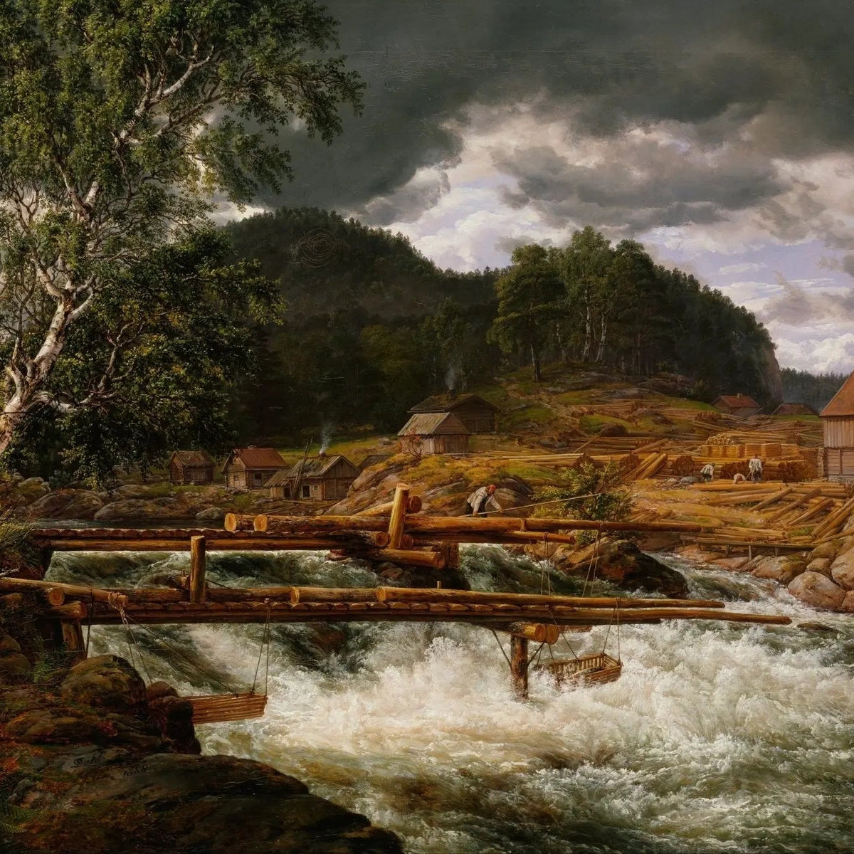 Landscape Oil Painting - Riverside Sawmill Scene with Rushing Water - Oil Painting Haven
