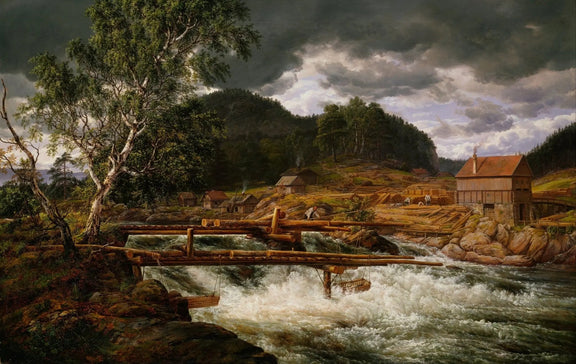Landscape Oil Painting - Riverside Sawmill Scene with Rushing Water - Oil Painting Haven