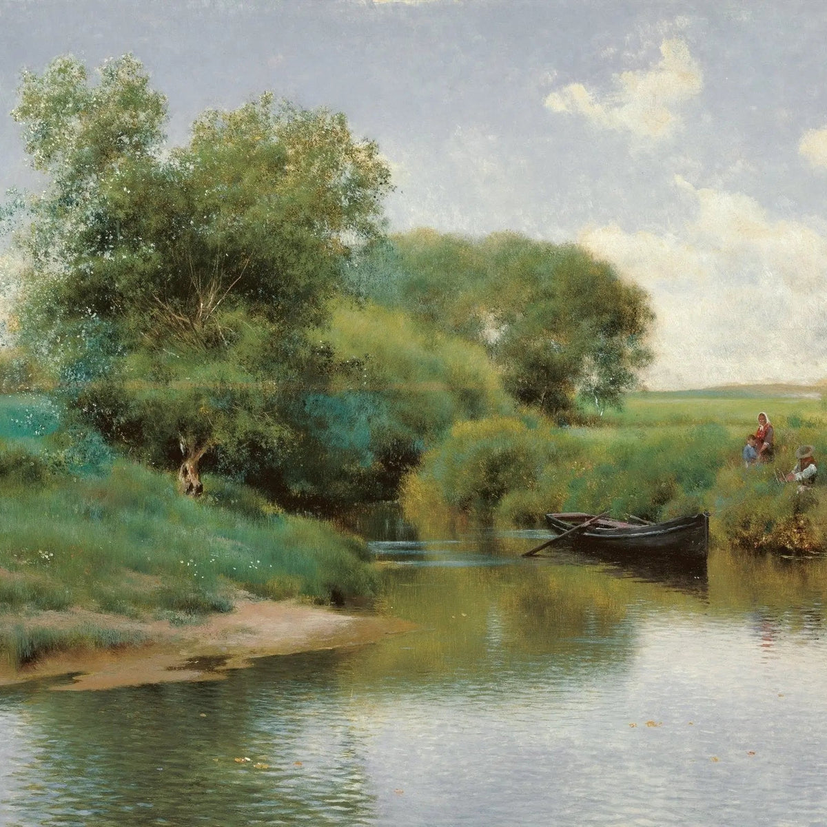Landscape Oil Painting - Riverside Scene with Boat and Figures - Oil Painting Haven