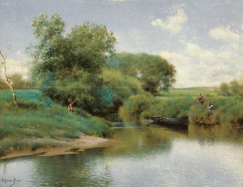Landscape Oil Painting - Riverside Scene with Boat and Figures - Oil Painting Haven