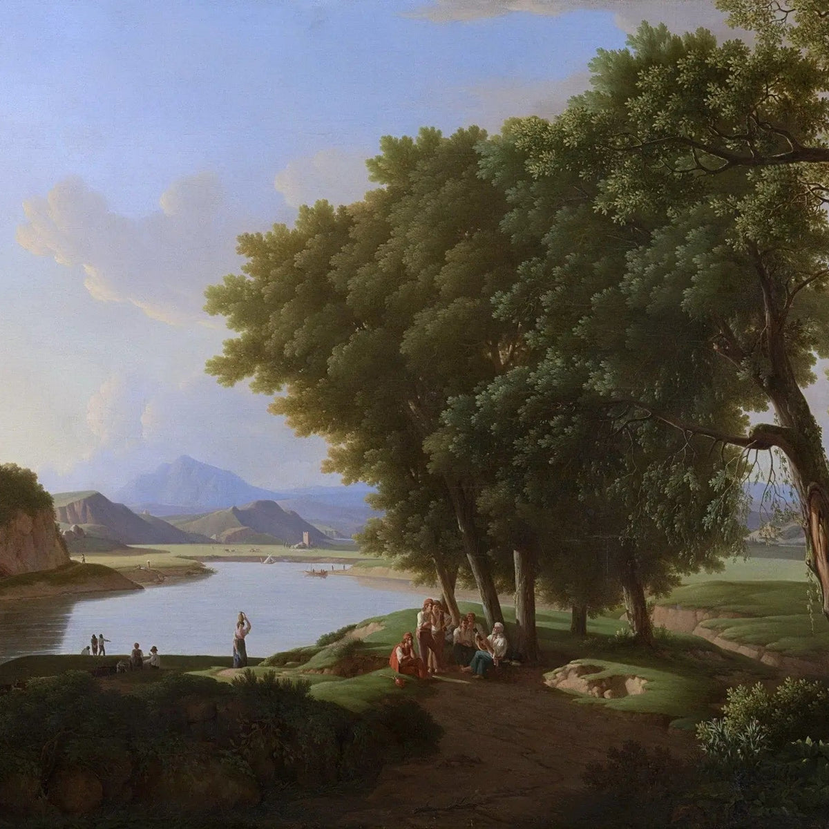 Landscape Oil Painting - Riverside Scene with Figures and Trees - Oil Painting Haven