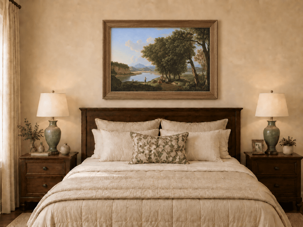 Landscape Oil Painting - Riverside Scene with Figures and Trees