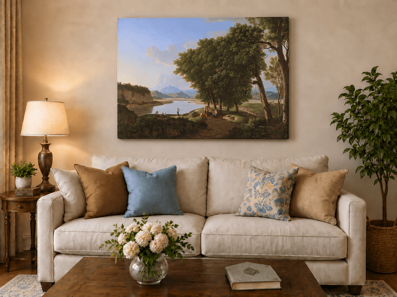 Landscape Oil Painting - Riverside Scene with Figures and Trees