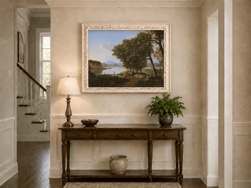 Landscape Oil Painting - Riverside Scene with Figures and Trees