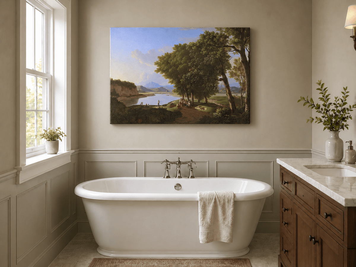 Landscape Oil Painting - Riverside Scene with Figures and Trees