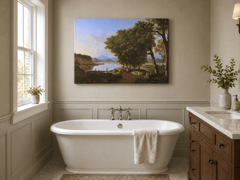 Landscape Oil Painting - Riverside Scene with Figures and Trees