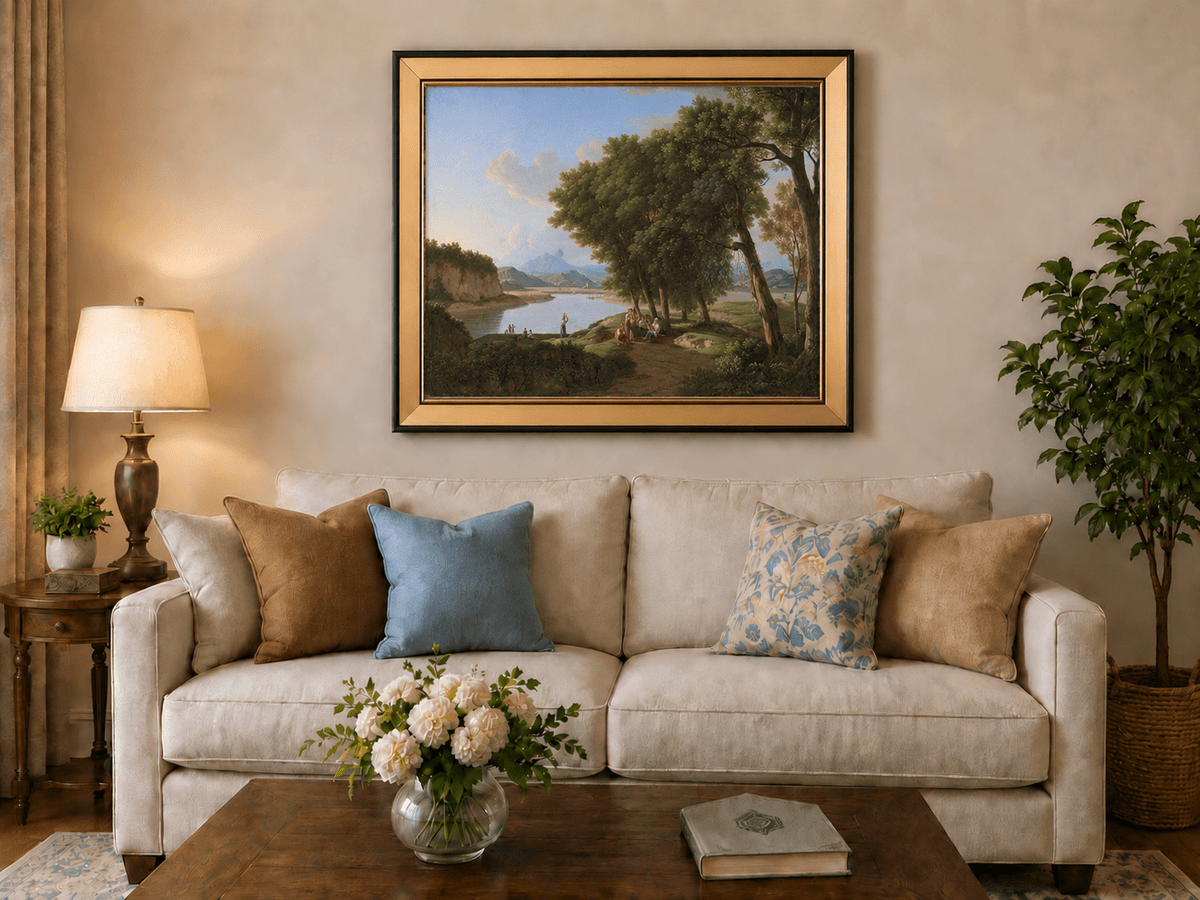 Landscape Oil Painting - Riverside Scene with Figures and Trees