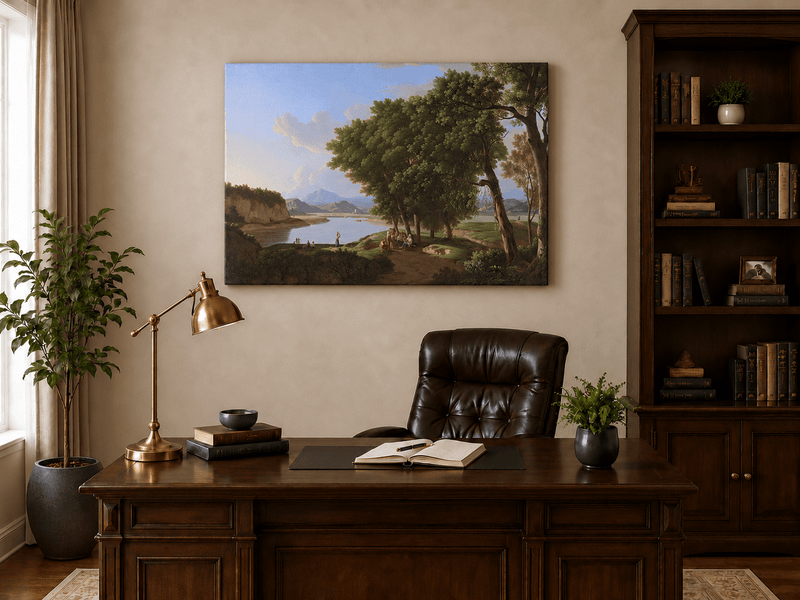 Landscape Oil Painting - Riverside Scene with Figures and Trees