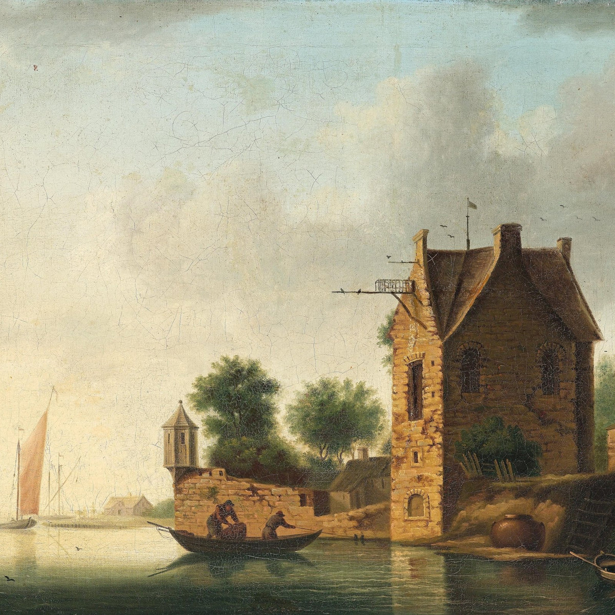 Landscape Oil Painting - Riverside Stone Building & Sailships - Oil Painting Haven