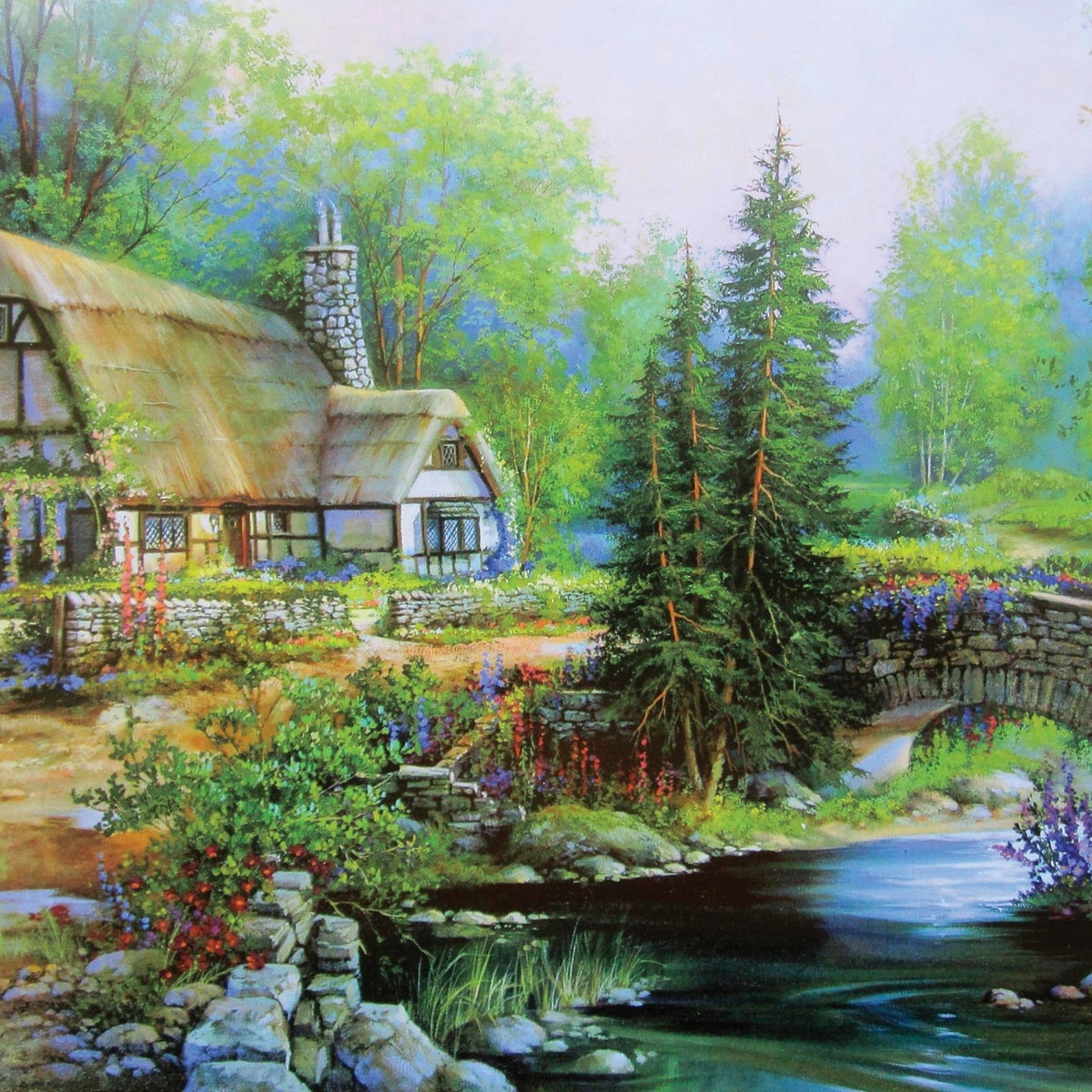 Landscape Oil Painting - Riverside Thatched Cottage With Stone Bridge - Oil Painting Haven