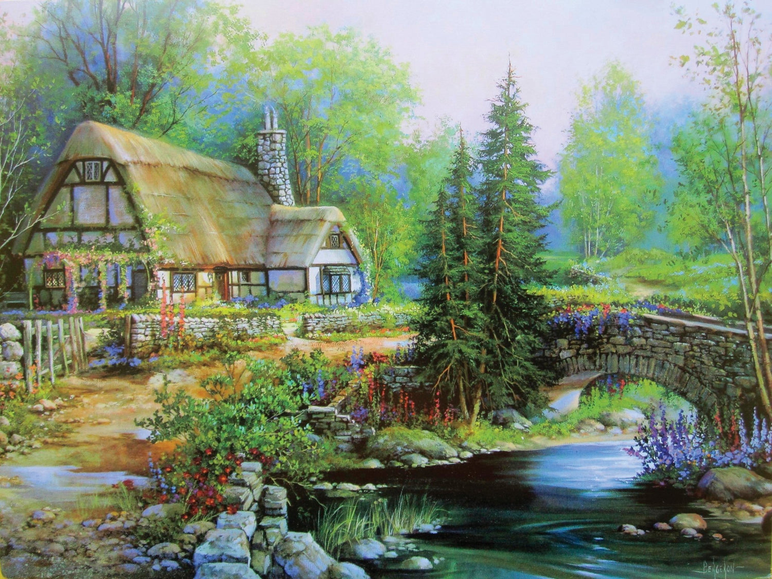 Landscape Oil Painting - Riverside Thatched Cottage With Stone Bridge - Oil Painting Haven