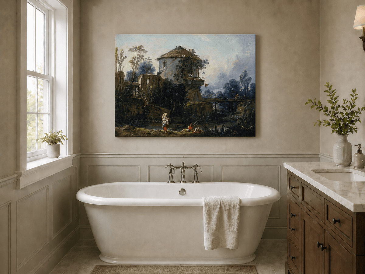 Landscape Oil Painting - Riverside Tower and Bridge Scene