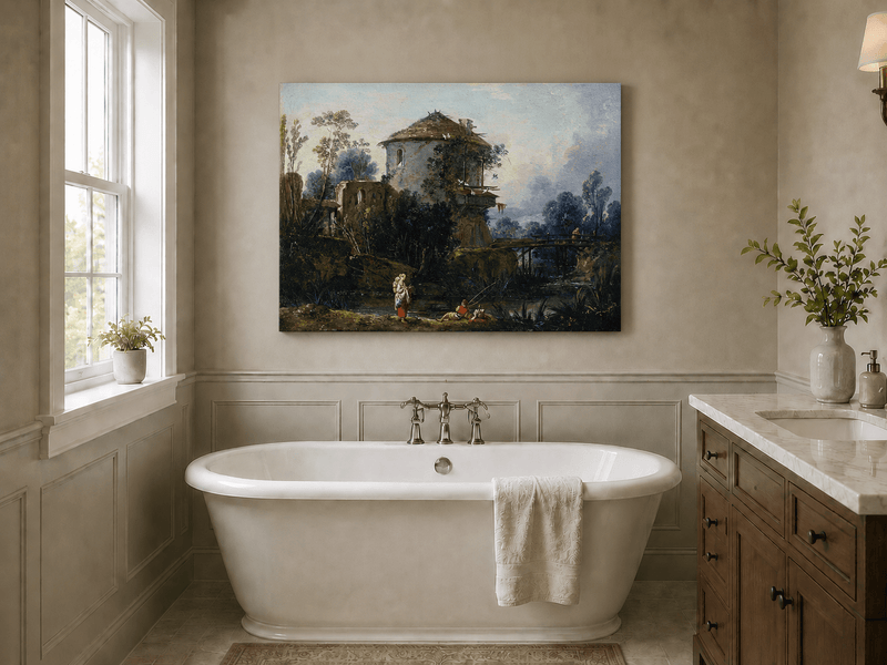 Landscape Oil Painting - Riverside Tower and Bridge Scene