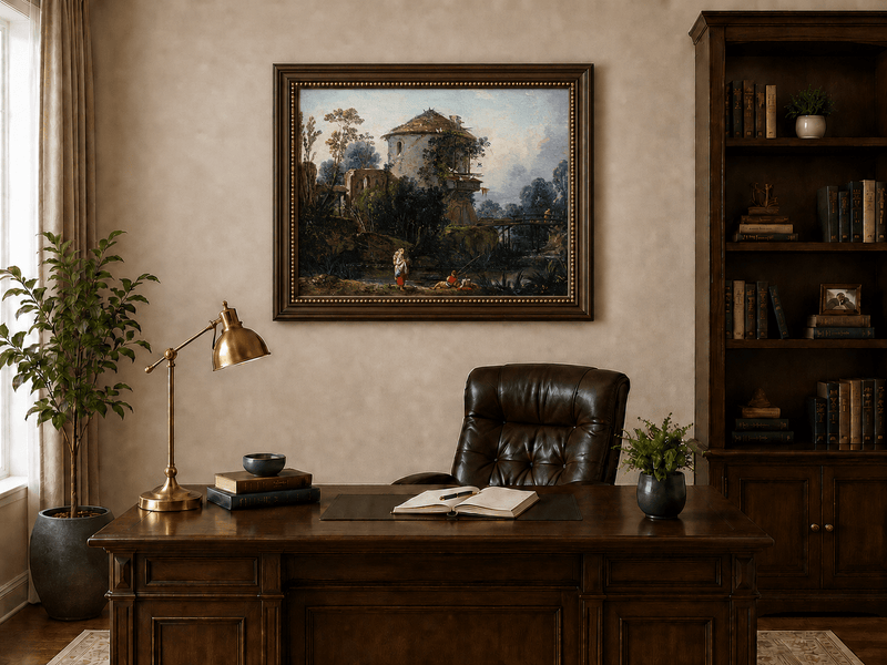 Landscape Oil Painting - Riverside Tower and Bridge Scene