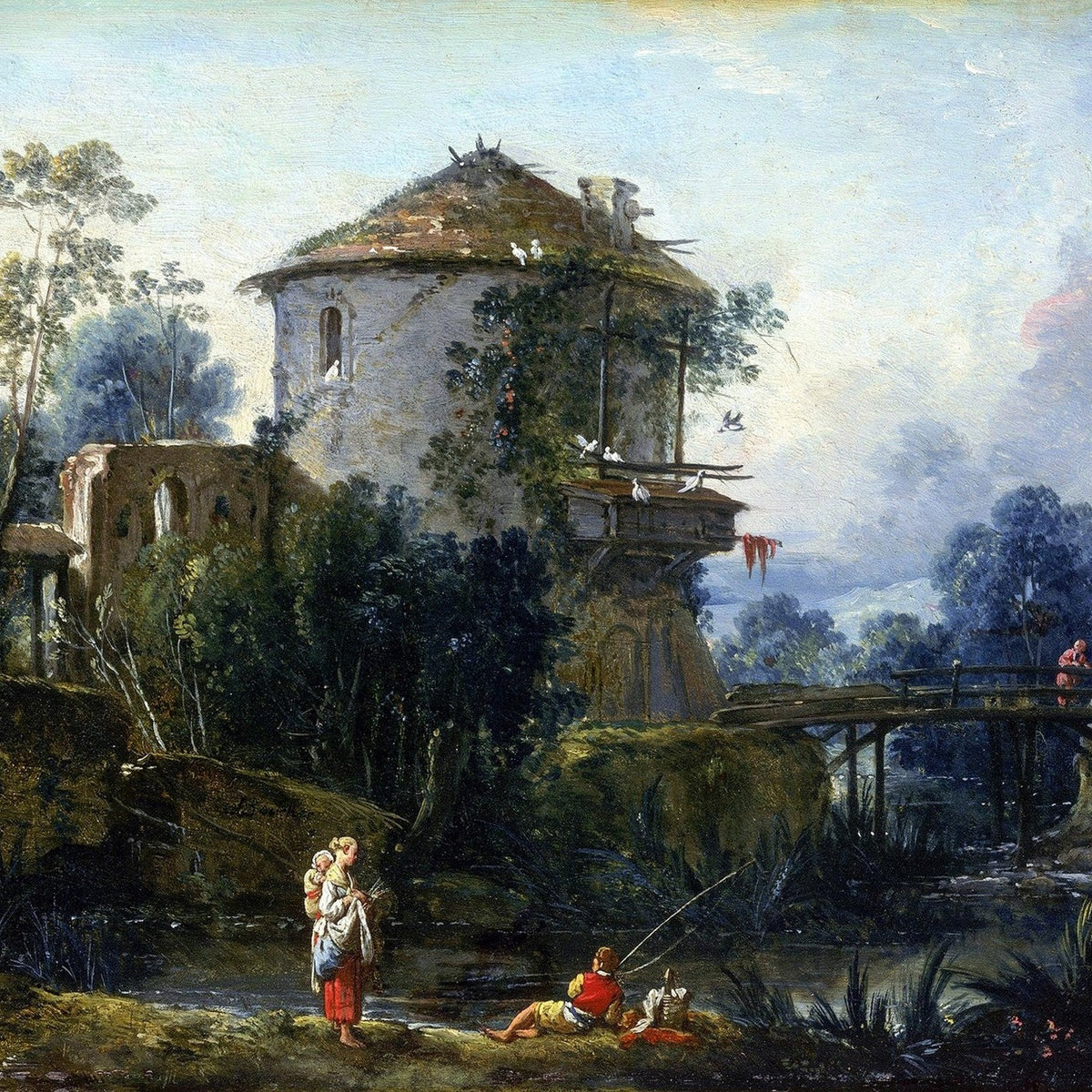 Hand-painted riverside tower and bridge scene landscape oil painting on canvas