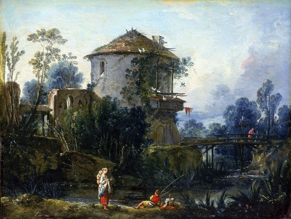 Hand-painted riverside tower and bridge scene landscape oil painting on canvas