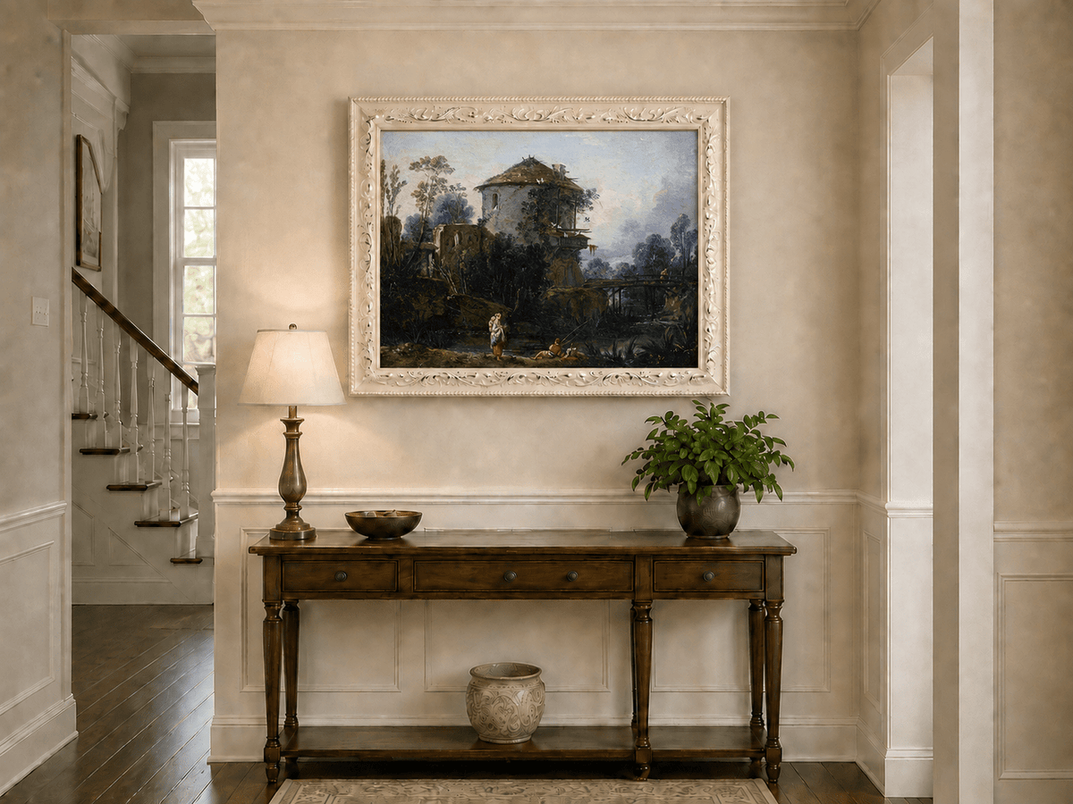 Landscape Oil Painting - Riverside Tower and Bridge Scene