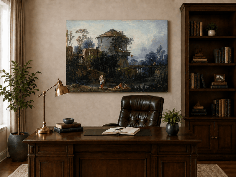 Landscape Oil Painting - Riverside Tower and Bridge Scene