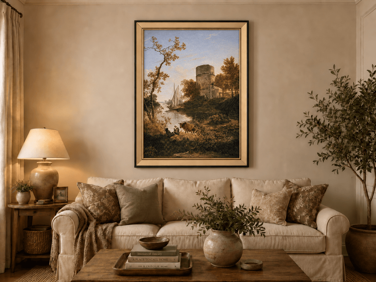 Landscape Oil Painting - Riverside Tower with Sailboat at Sunset
