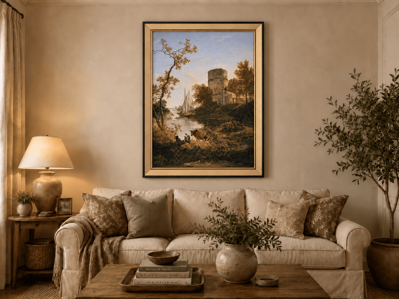 Landscape Oil Painting - Riverside Tower with Sailboat at Sunset