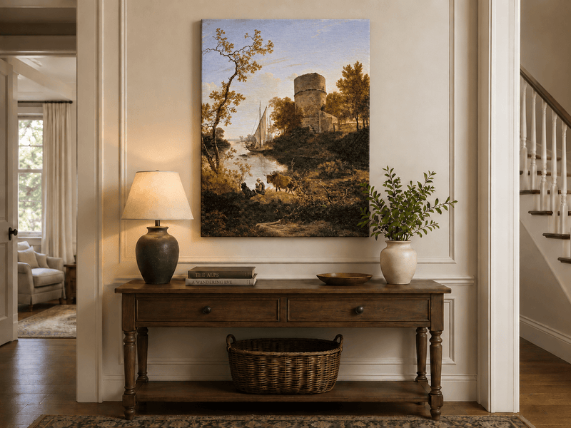 Landscape Oil Painting - Riverside Tower with Sailboat at Sunset