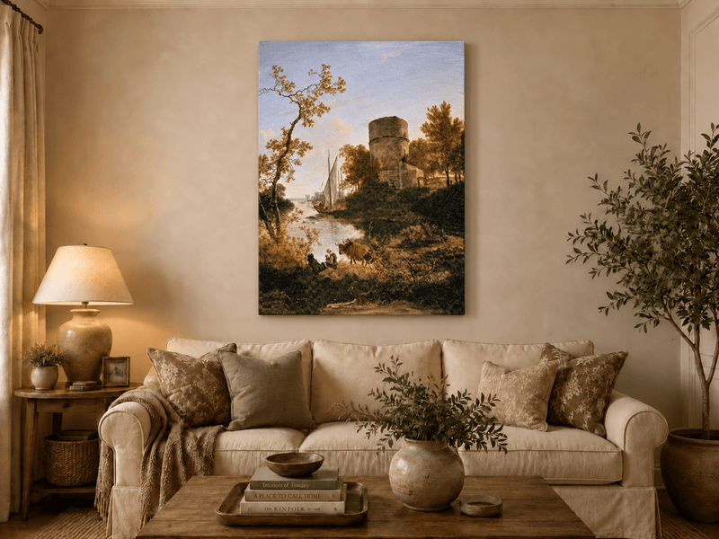 Landscape Oil Painting - Riverside Tower with Sailboat at Sunset