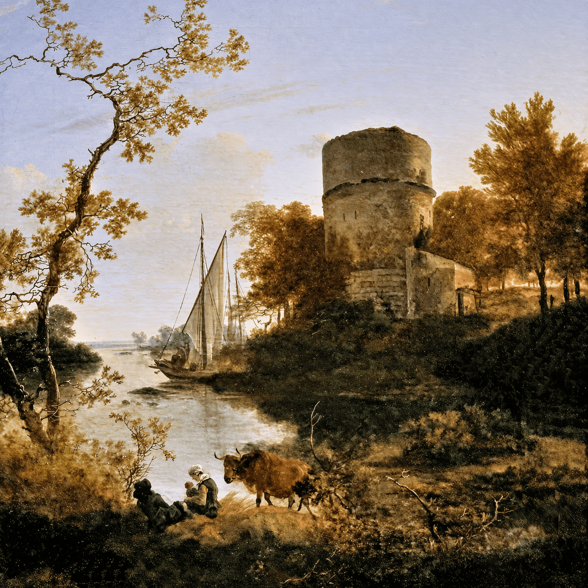 Landscape Oil Painting - Riverside Tower with Sailboat at Sunset - Oil Painting Haven
