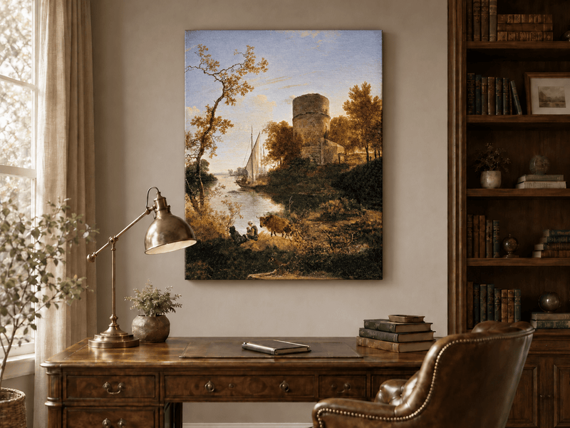 Landscape Oil Painting - Riverside Tower with Sailboat at Sunset