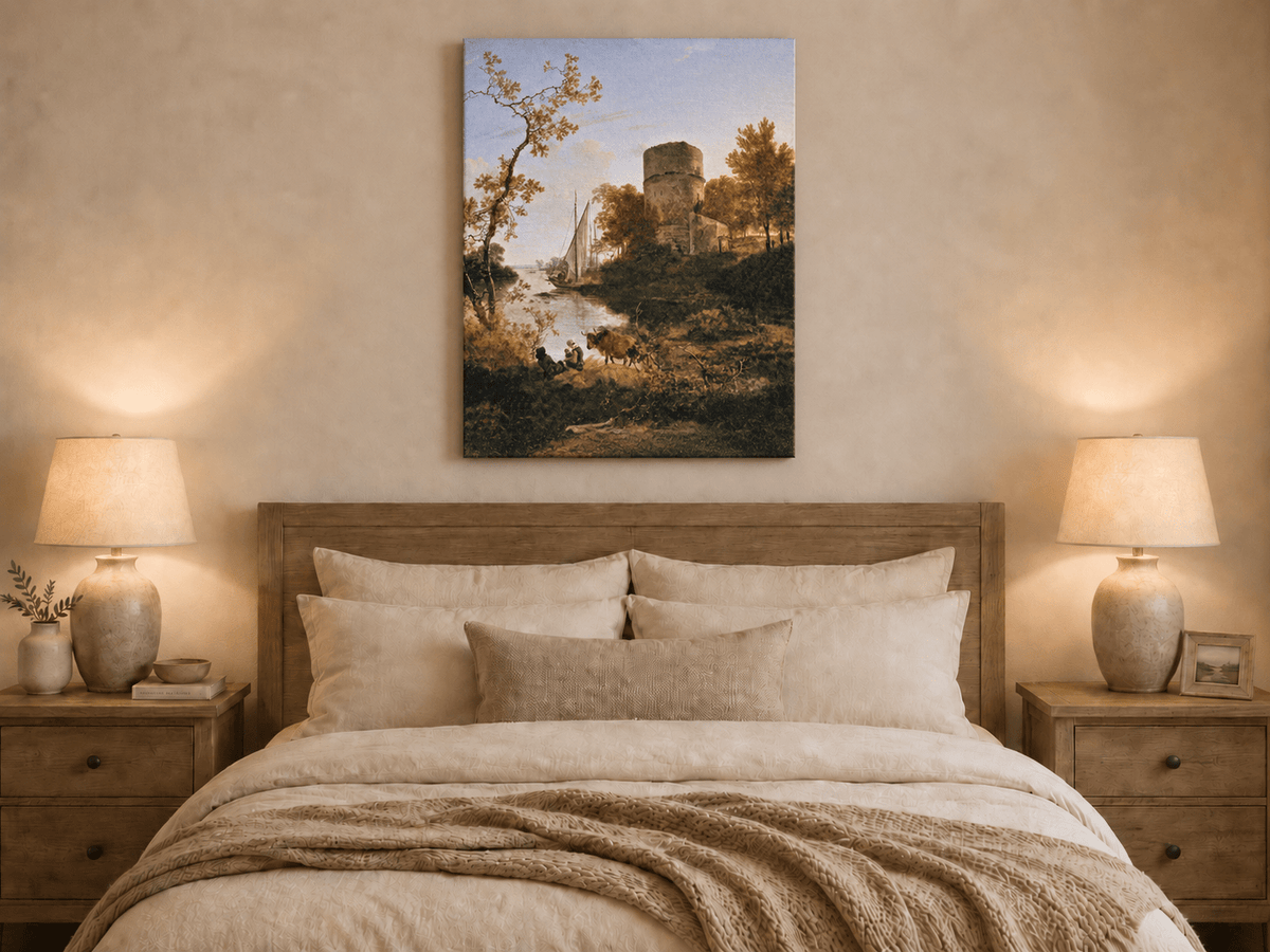 Landscape Oil Painting - Riverside Tower with Sailboat at Sunset