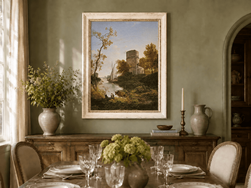Landscape Oil Painting - Riverside Tower with Sailboat at Sunset