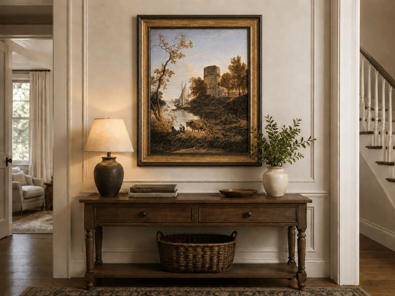 Landscape Oil Painting - Riverside Tower with Sailboat at Sunset