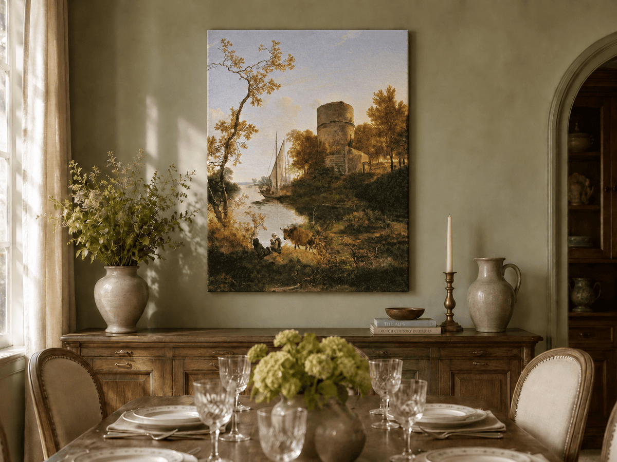 Landscape Oil Painting - Riverside Tower with Sailboat at Sunset