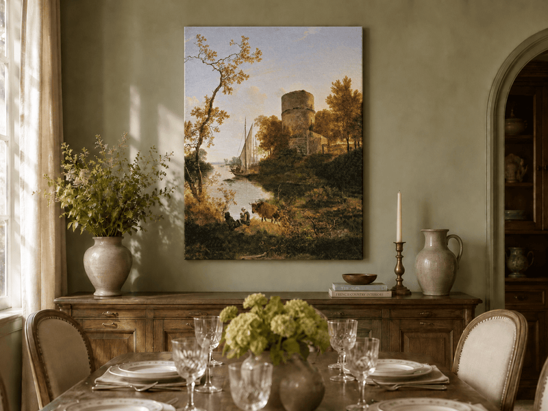 Landscape Oil Painting - Riverside Tower with Sailboat at Sunset